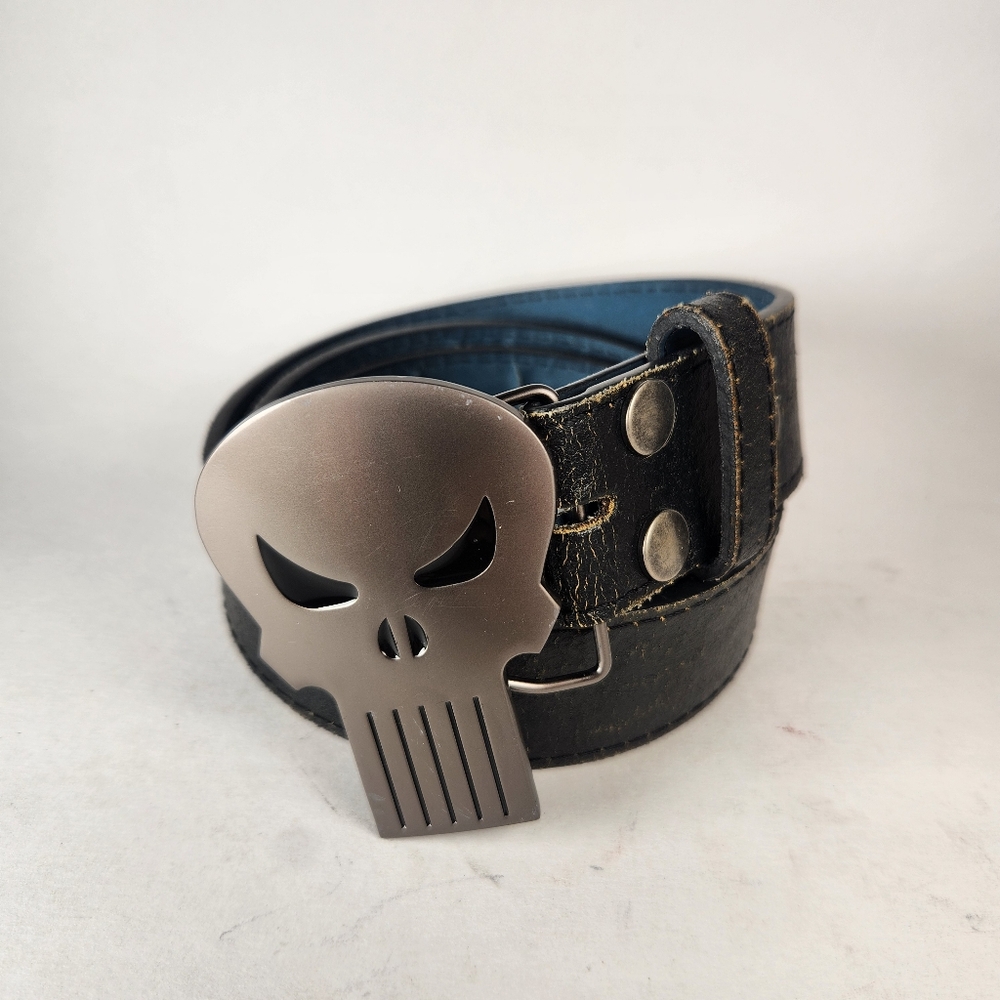 MARVEL Men's Belt Large Black Skull Vera Pelle Leather 36 - 38 Inch Grunge Goth - Picture 1 of 8